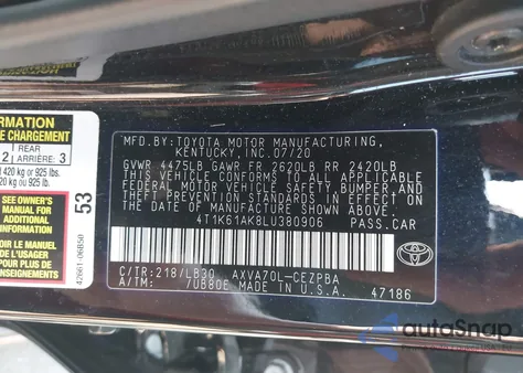 2020 Toyota Camry Xse из США, поврежденный, VIN 4T1K61AK8LU380906